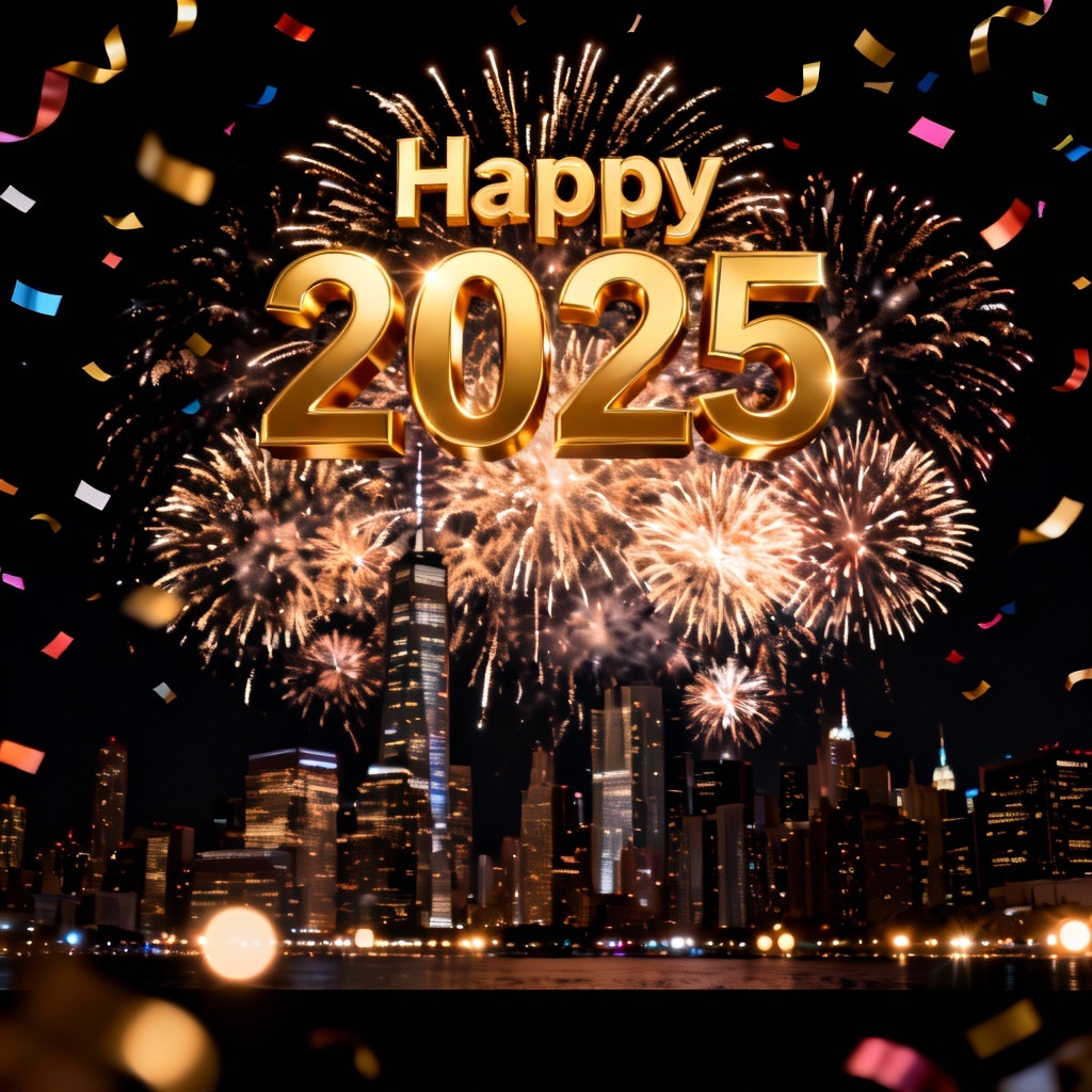 AI New Year Eve fireworks over city skyline with Happy 2025 text