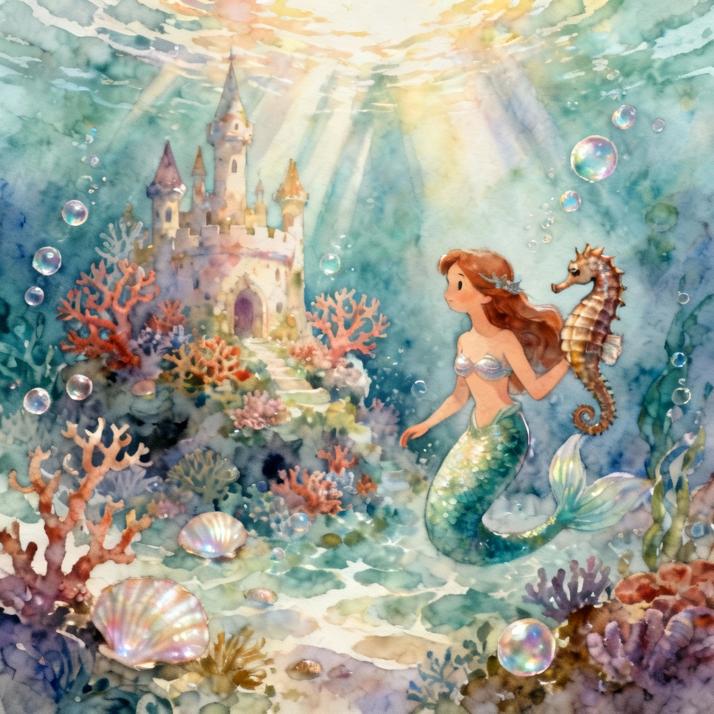 AI fairytale undersea kingdom with mermaid and coral castle