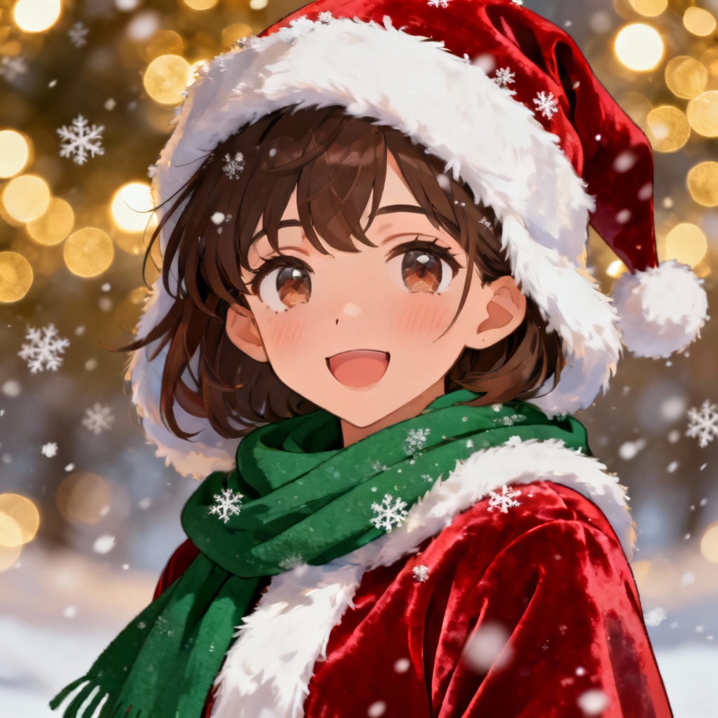 AI Christmas girl in red Santa outfit with snow and bokeh lights