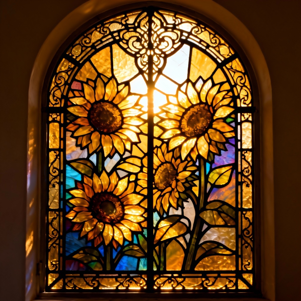 Stained glass sunflower window design glowing with light