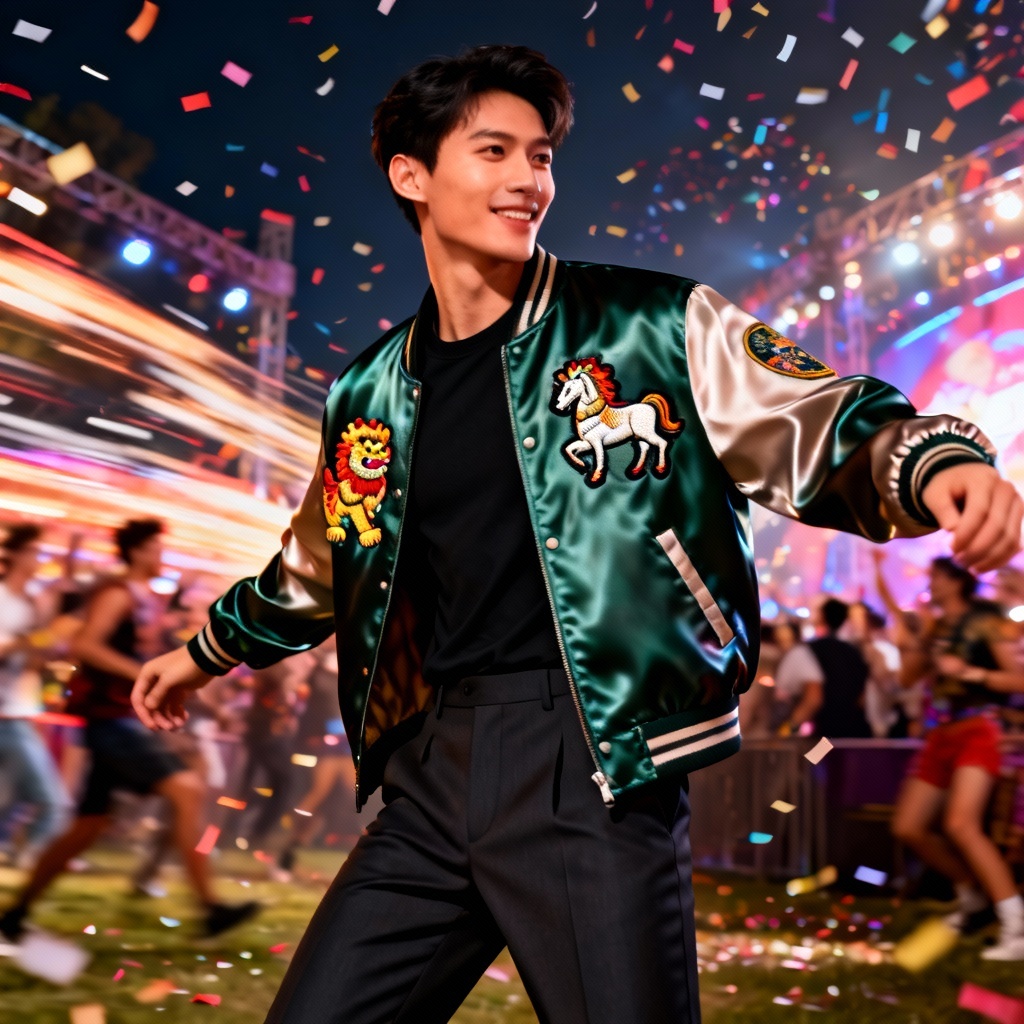 AI virtual try-on festival jacket with lion dance embroidery