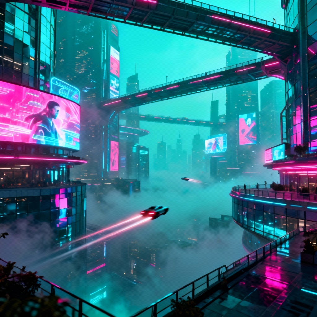 Futuristic megacity at night with holograms and neon
