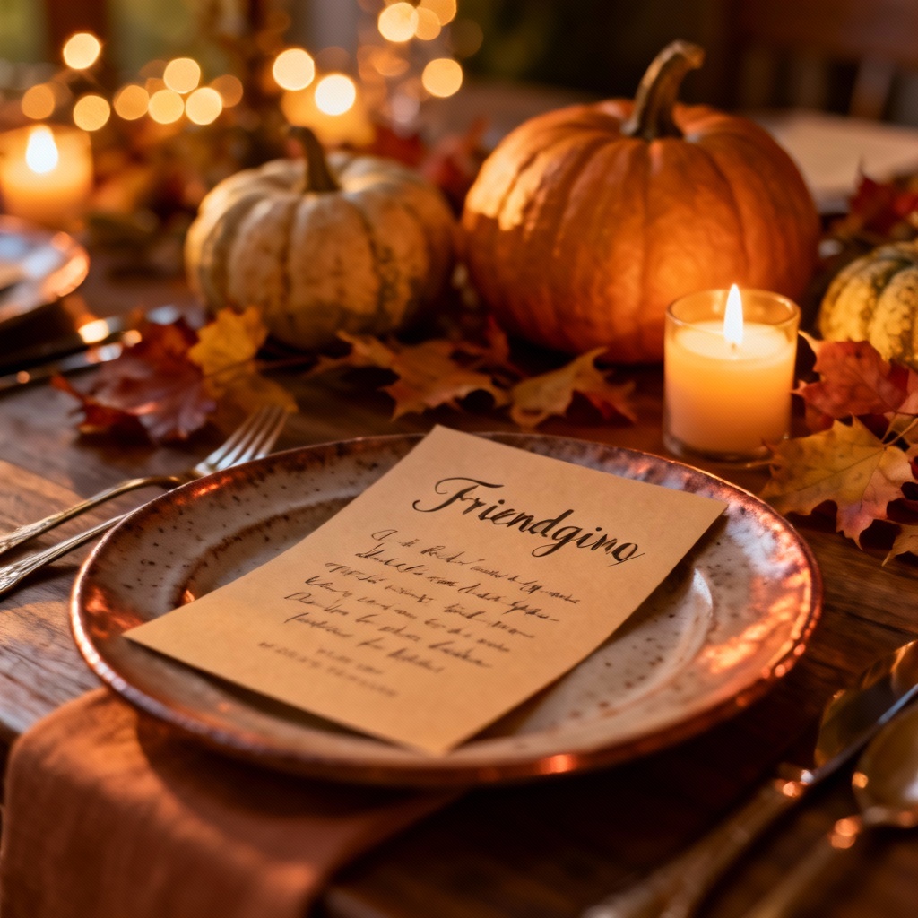 Cozy Friendsgiving table setting with candles, pumpkins, and an invitation card