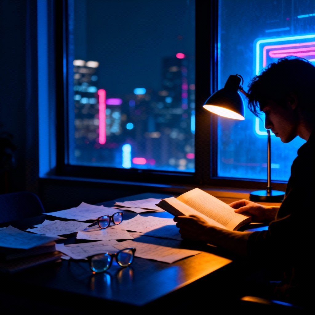 AI night study reading beauty with neon glow