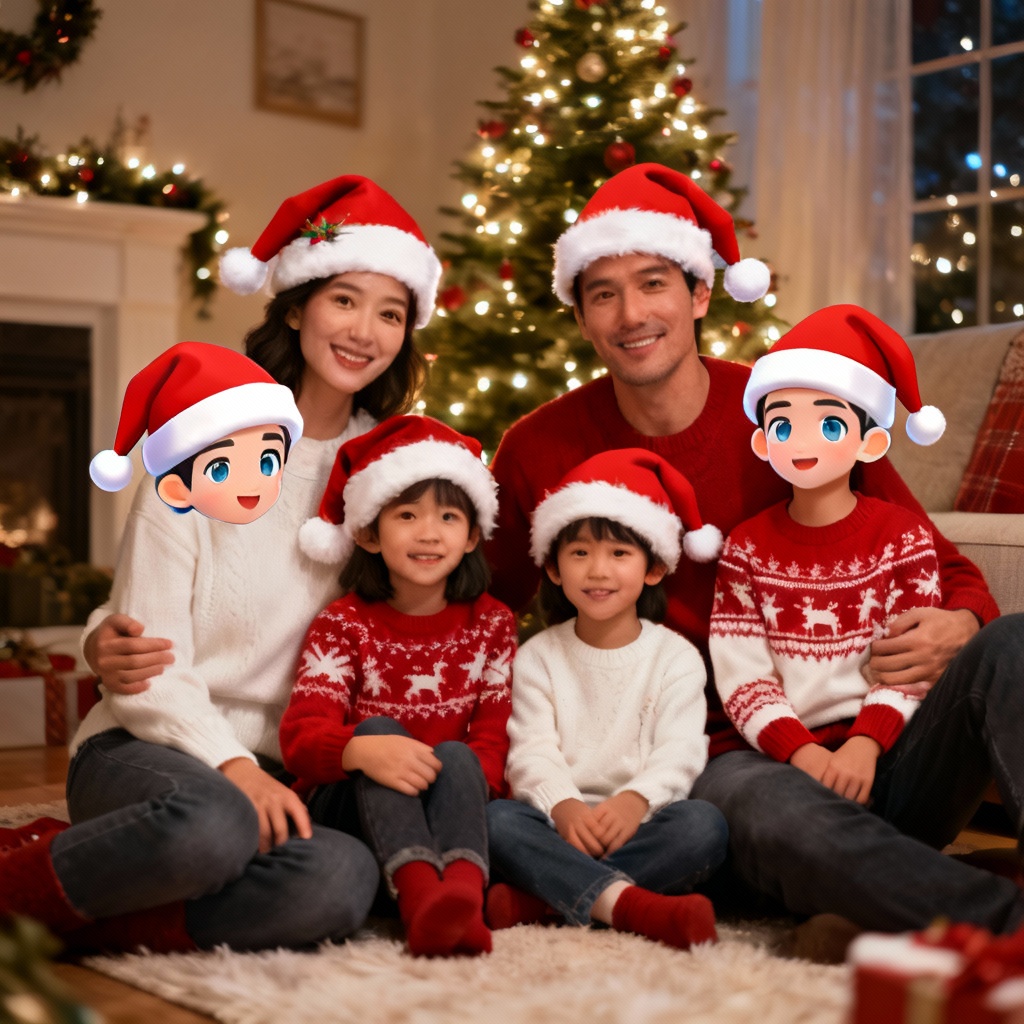 Family group photo with matching Christmas hats