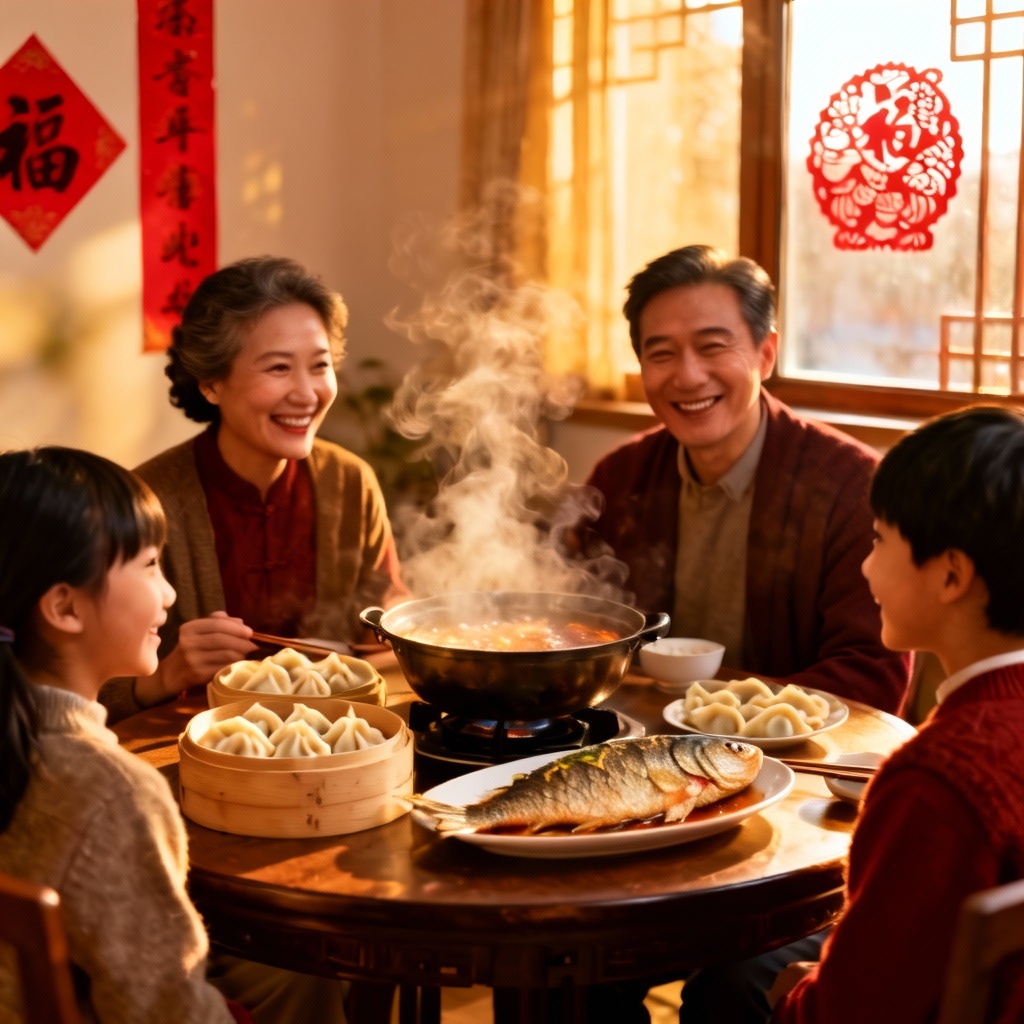 Chinese New Year family reunion feast with traditional dishes