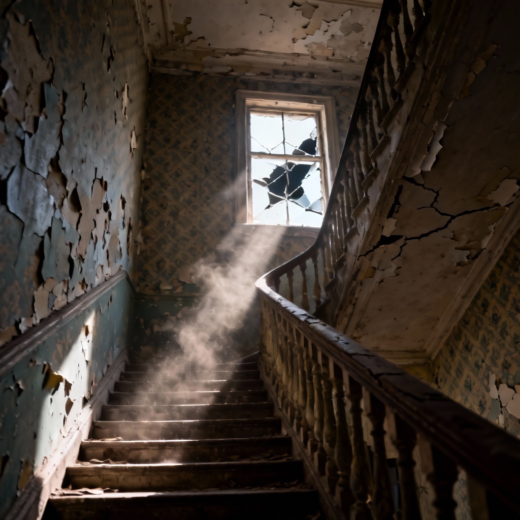 AI abandoned mansion staircase with shaft of light