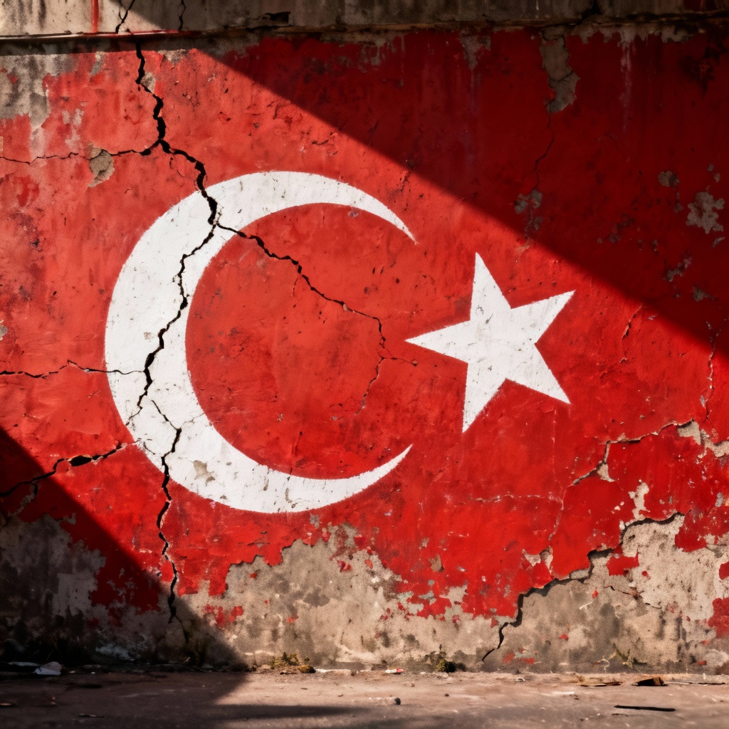 Weathered Turkish flag painted on concrete wall