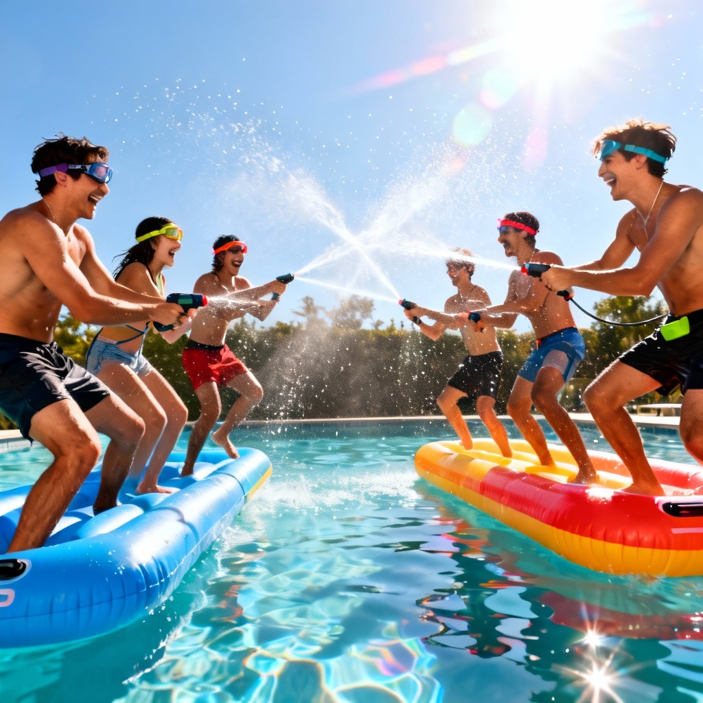 Pool party water gun team battle with floating inflatables