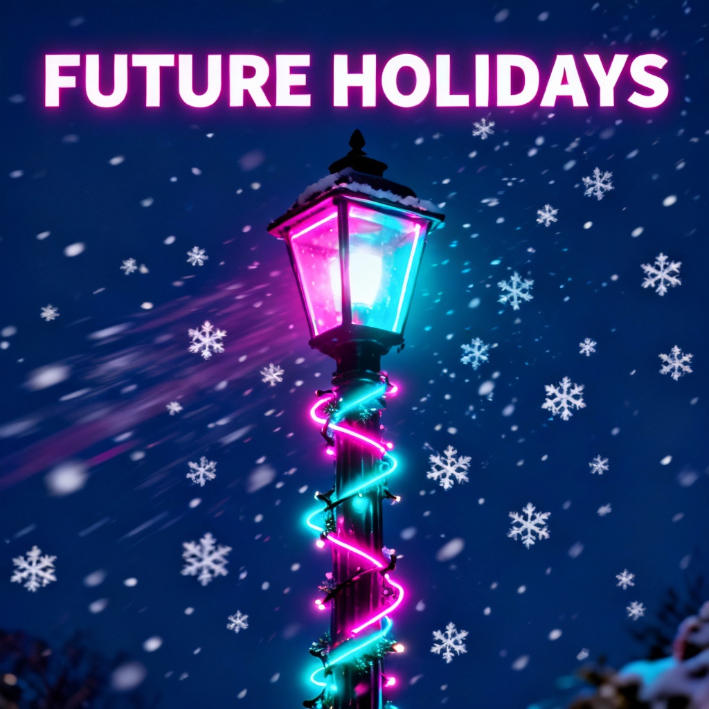 Neon street lamp Christmas poster with night city glow