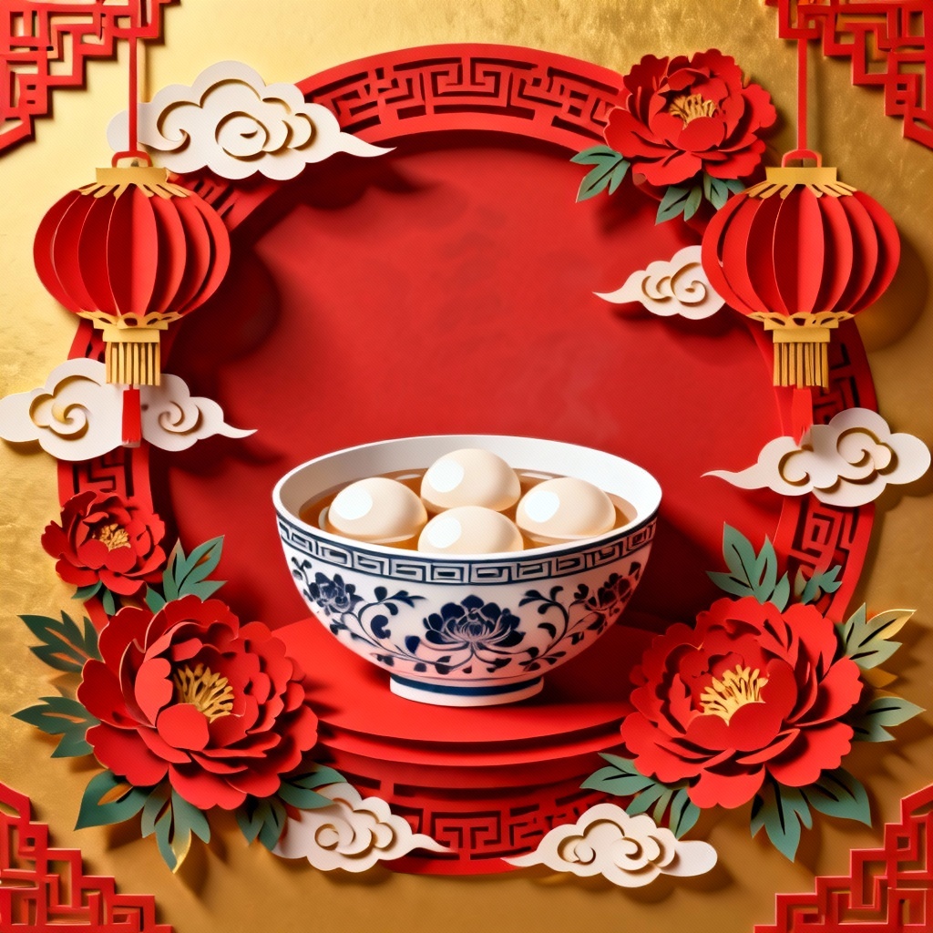 AI papercut style poster featuring tangyuan and lanterns