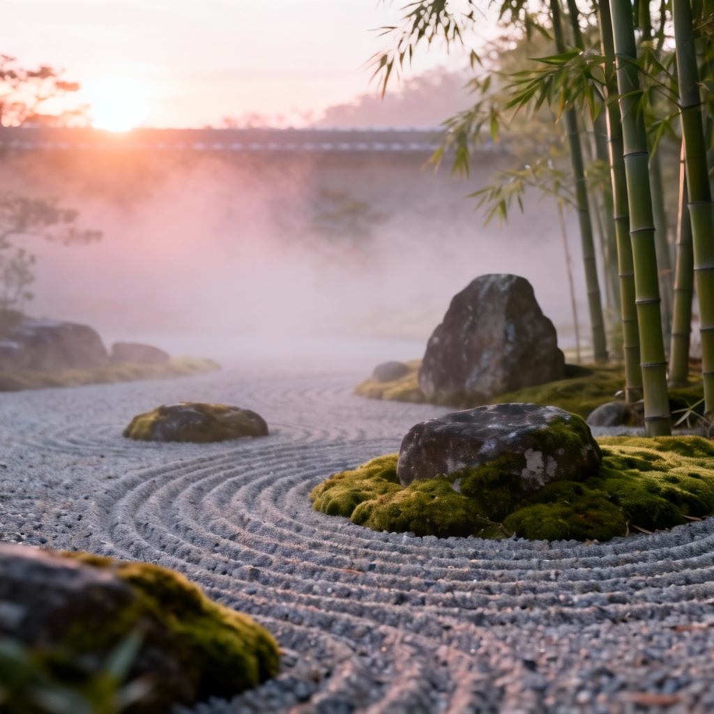 AI relaxing zen garden at sunrise