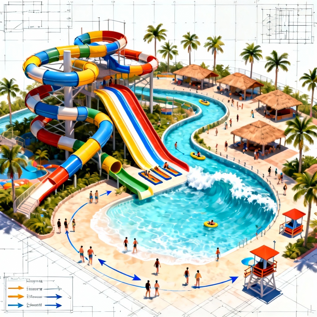 AI water park generator concept with slides, lazy river, wave pool