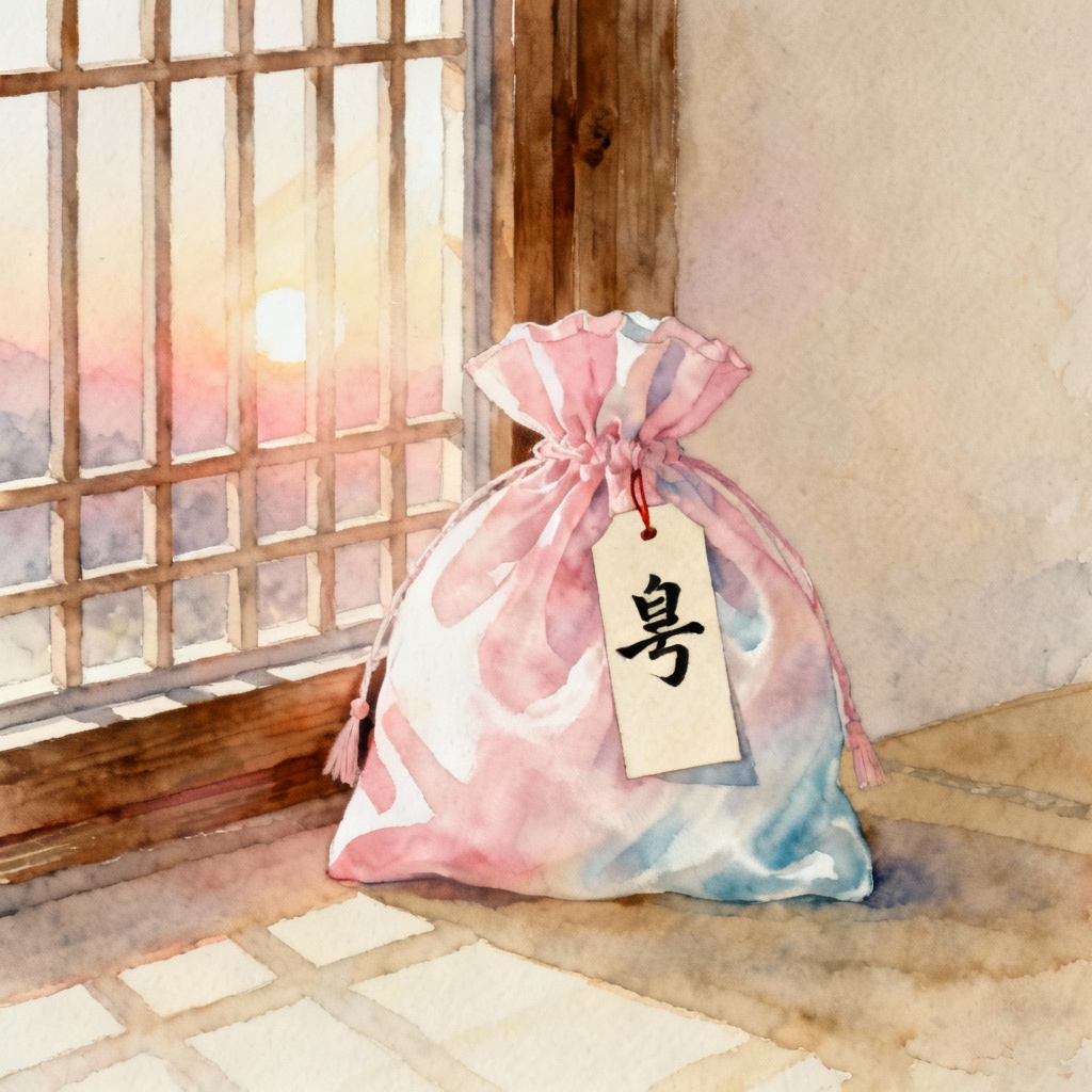 AI watercolor bokjumeoni at sunrise with Hangul blessing