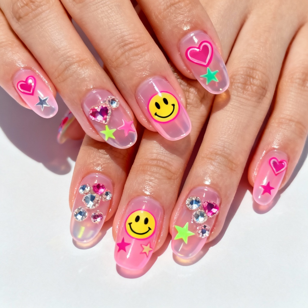 AI short almond Y2K nails with hearts and rhinestones