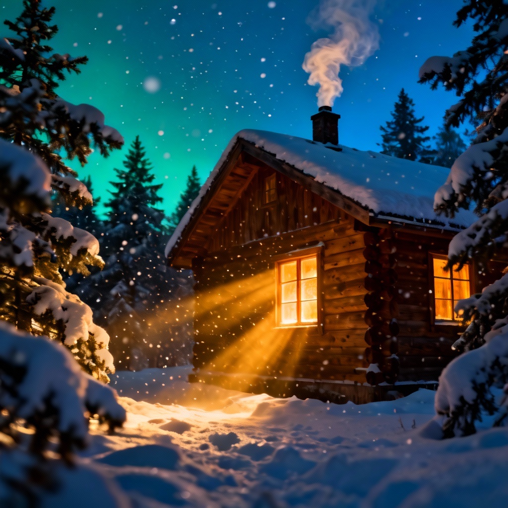 AI cozy snowy cabin at blue hour