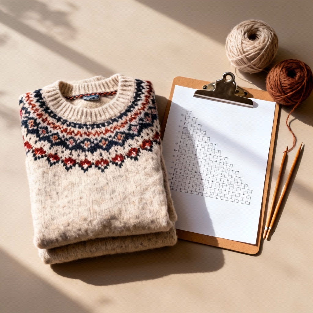 AI knitting chart and cozy colorwork sweater mockup on desk