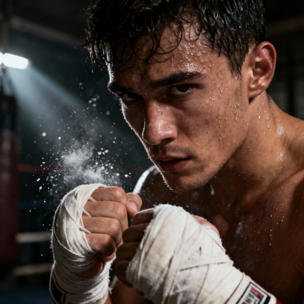 AI boxing portrait in a moody gym with dramatic lighting