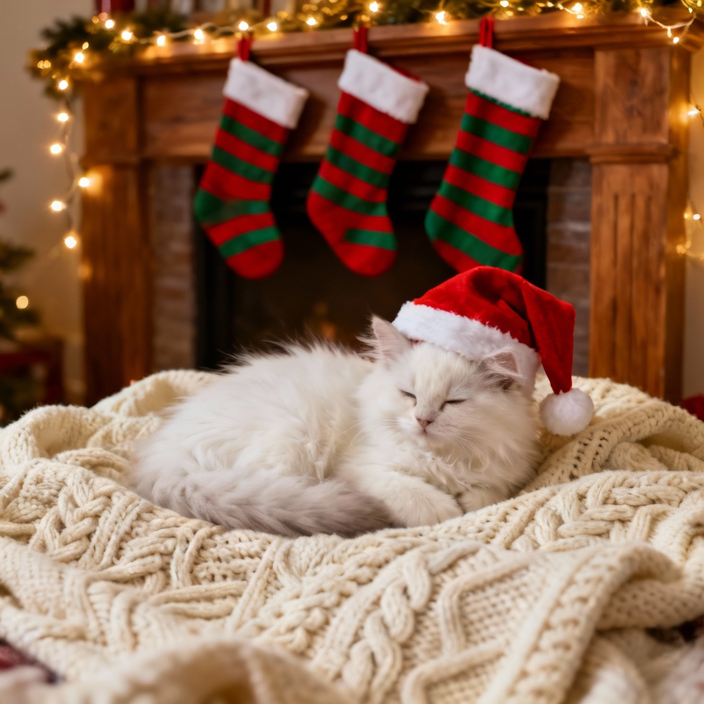 Cozy photorealistic Christmas kitten in Santa hat