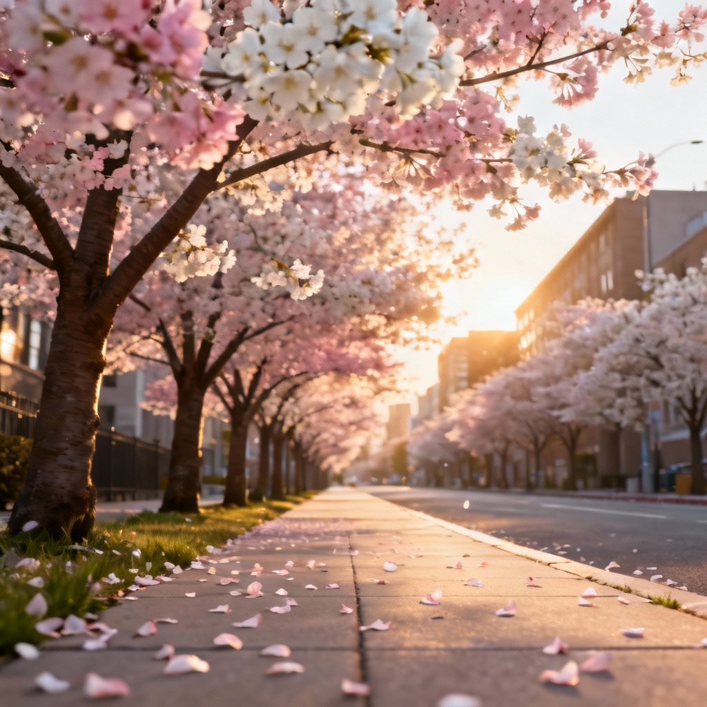 AI sakura street lined with blooming cherry trees at golden hour