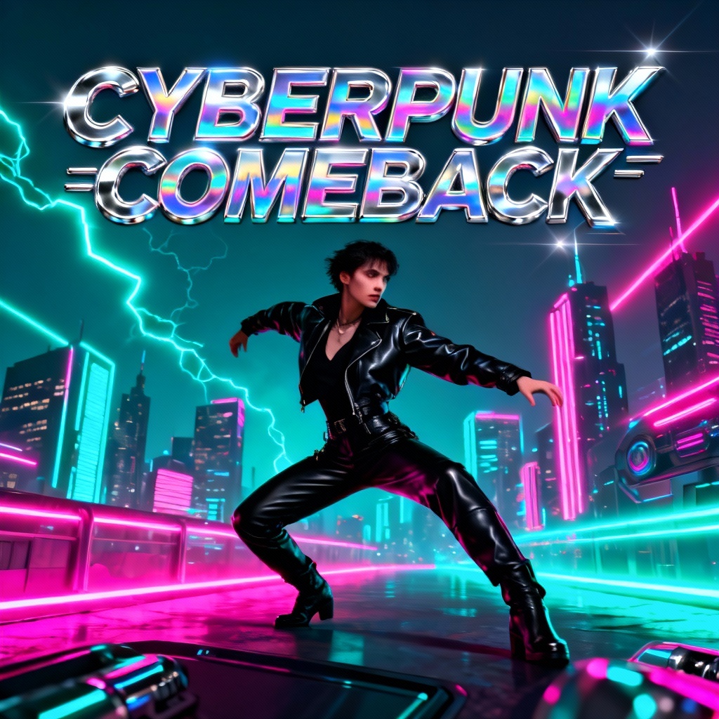 AI Korean idol cyberpunk comeback poster