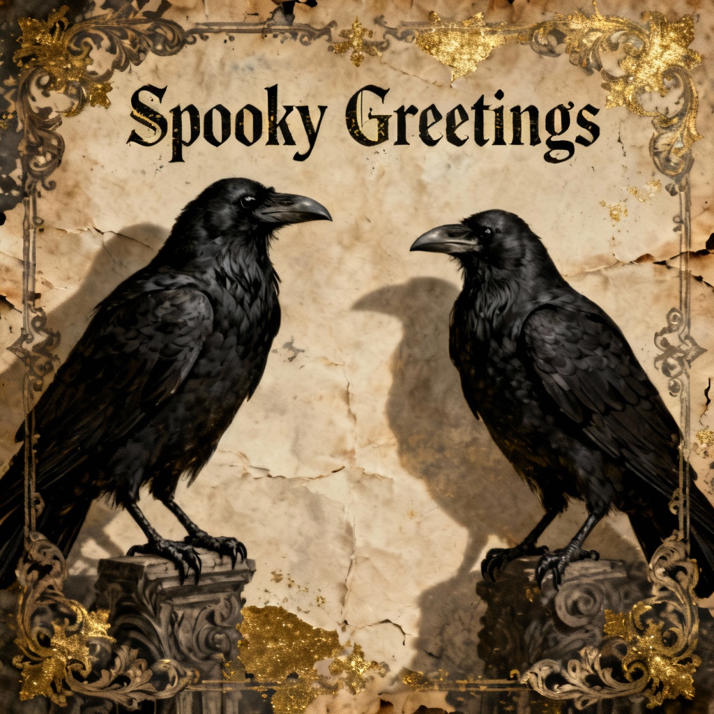 Gothic vintage Halloween card with ravens and ornate borders