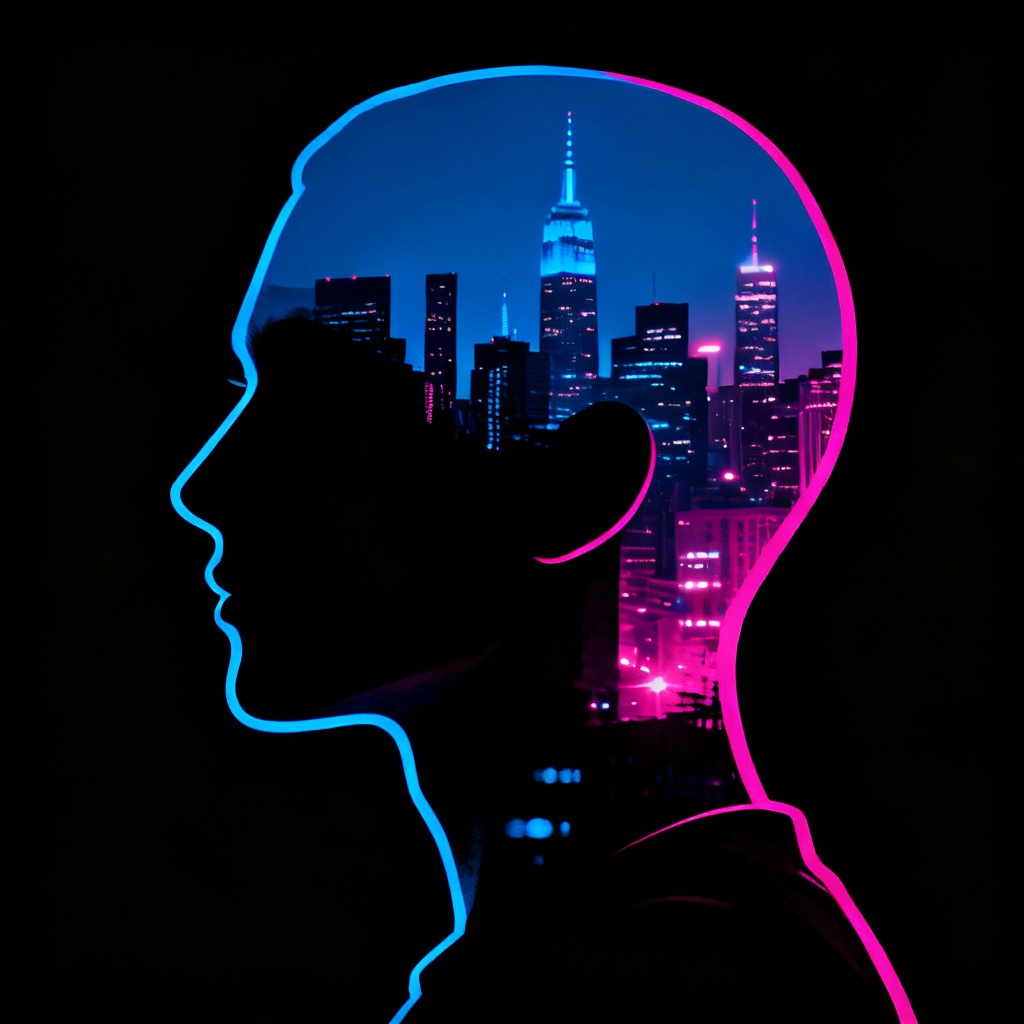 AI double exposure profile silhouette with city skyline