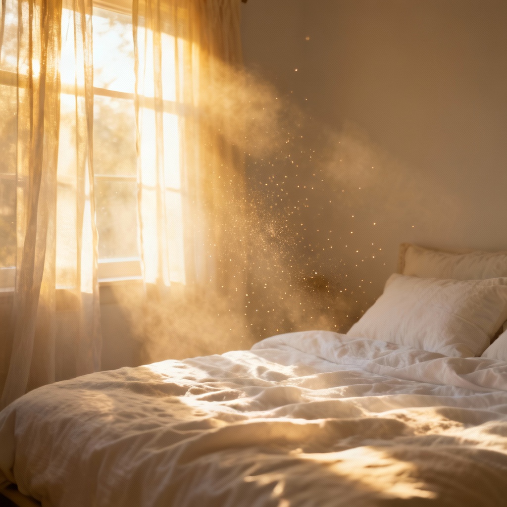 AI dreamy interior with golden dust, soft glow and haze