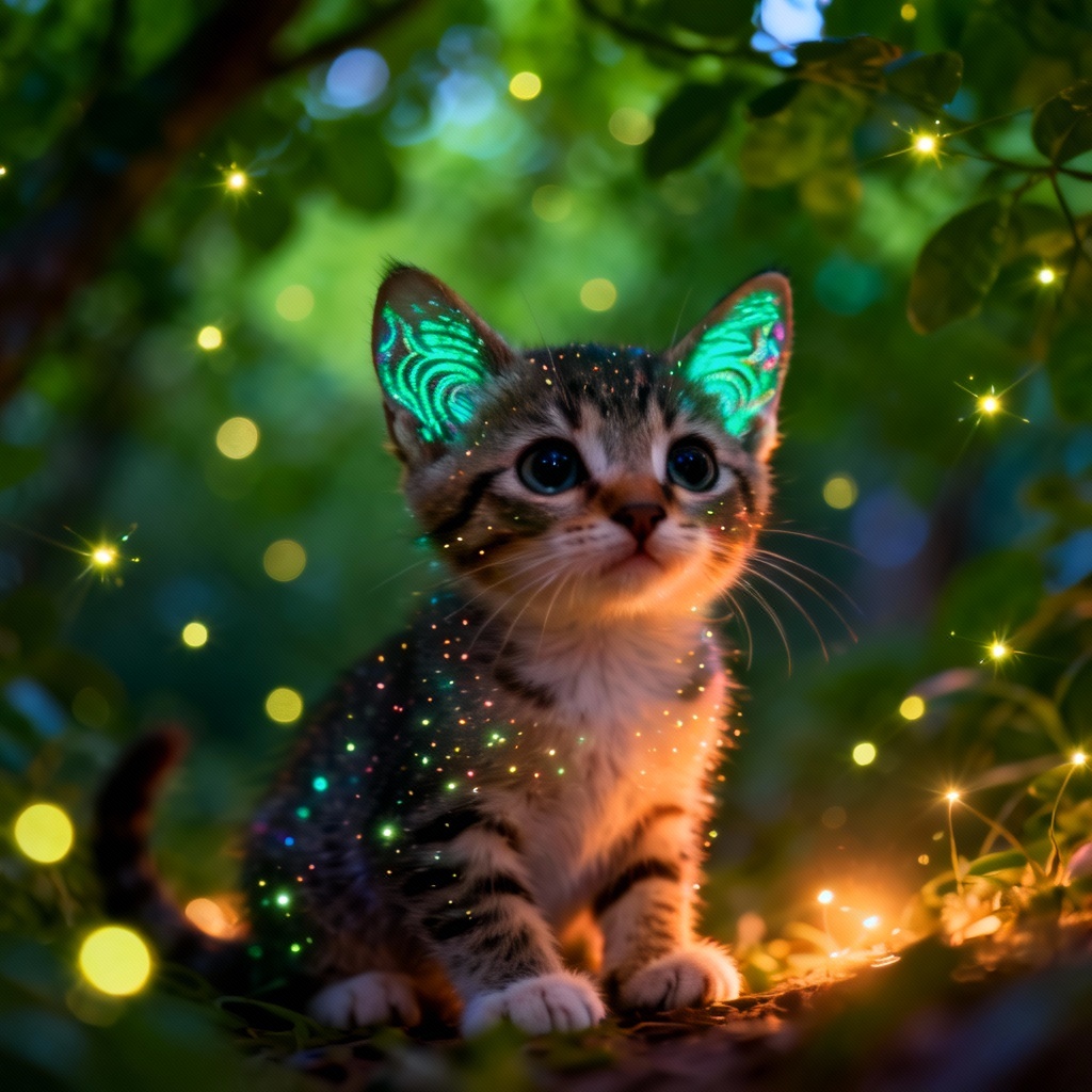 AI Navi pet filter kitten with bioluminescent freckles
