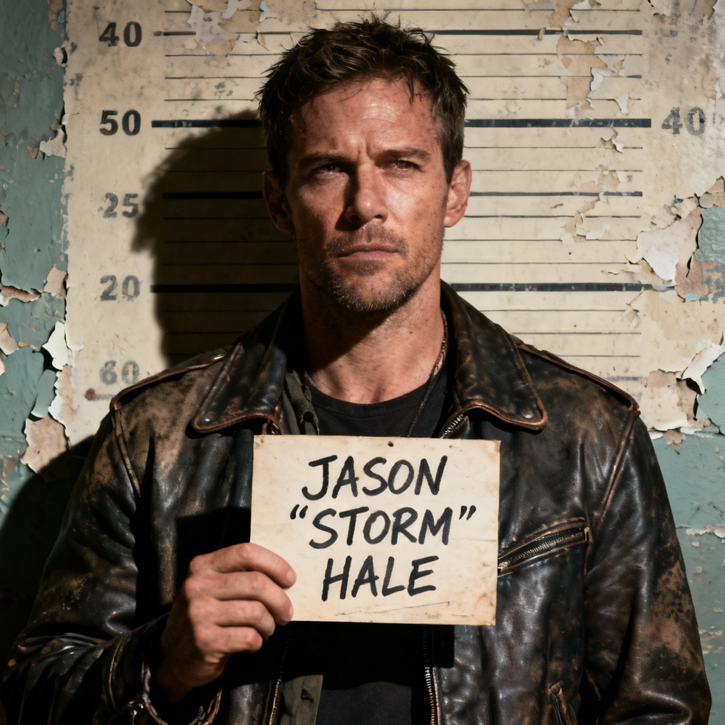 AI grunge mugshot portrait with worn height chart