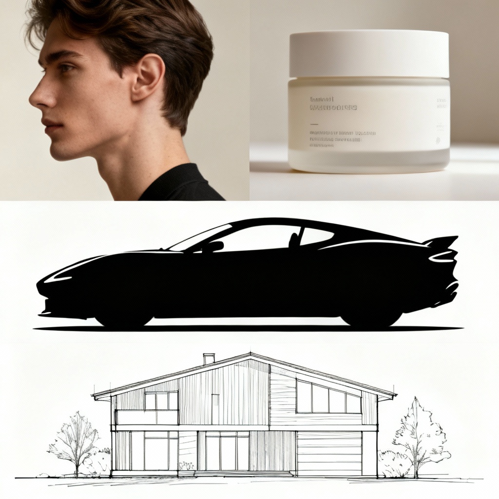 AI side view collage of portraits, products, vehicles, and buildings