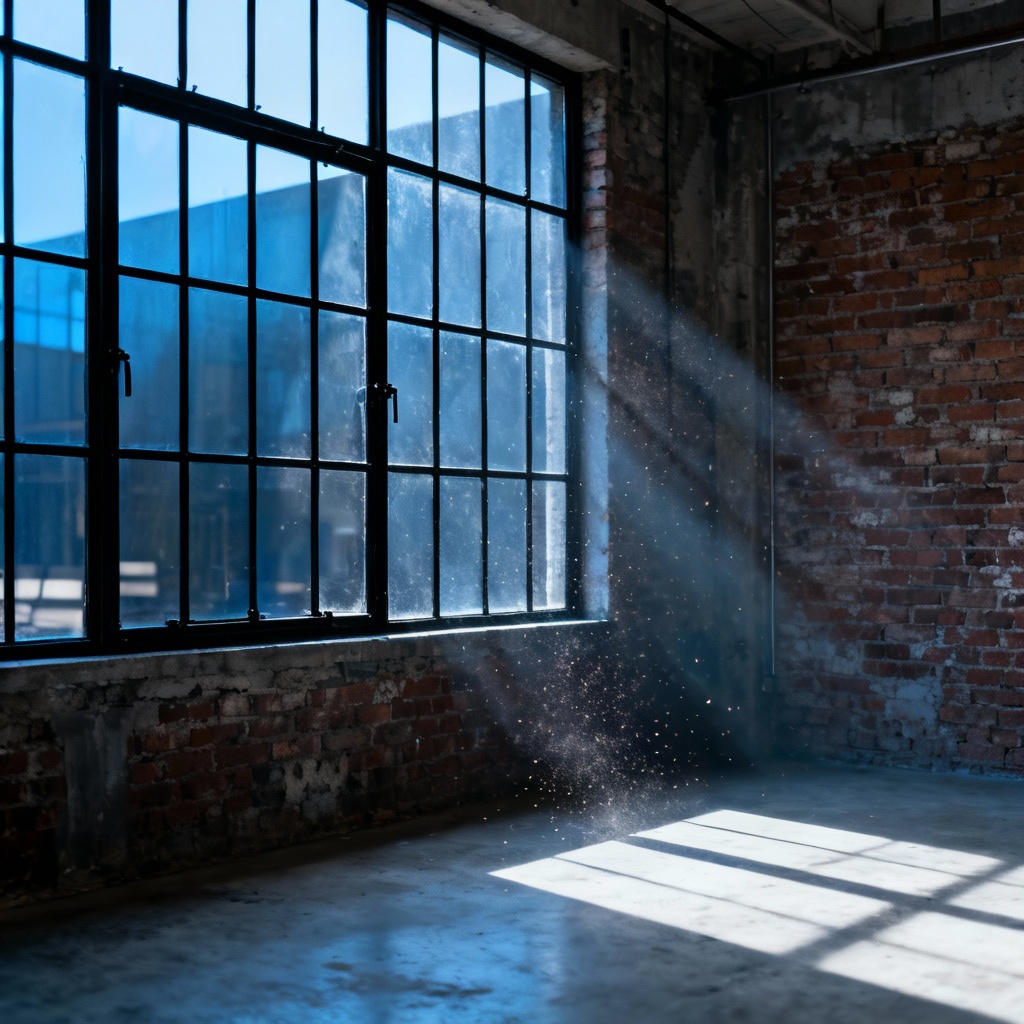 Industrial loft casement grid window with brick walls and moody light