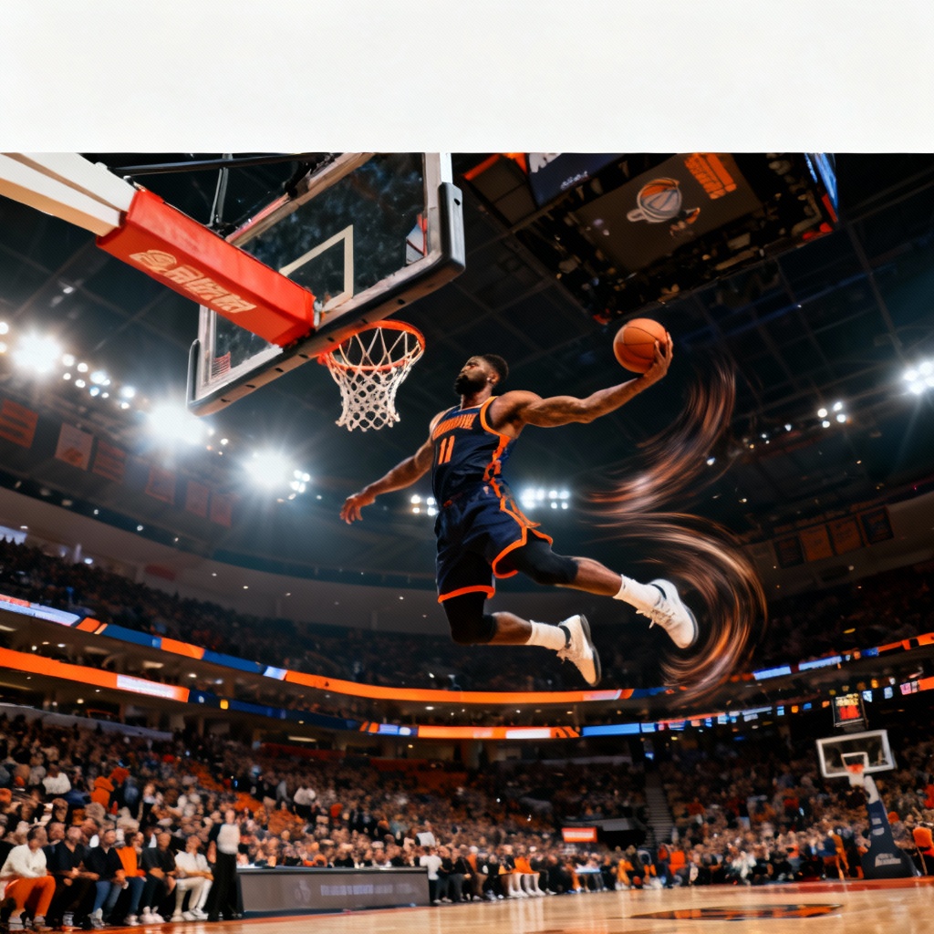 AI basketball dunk poster with arena lights and action motion