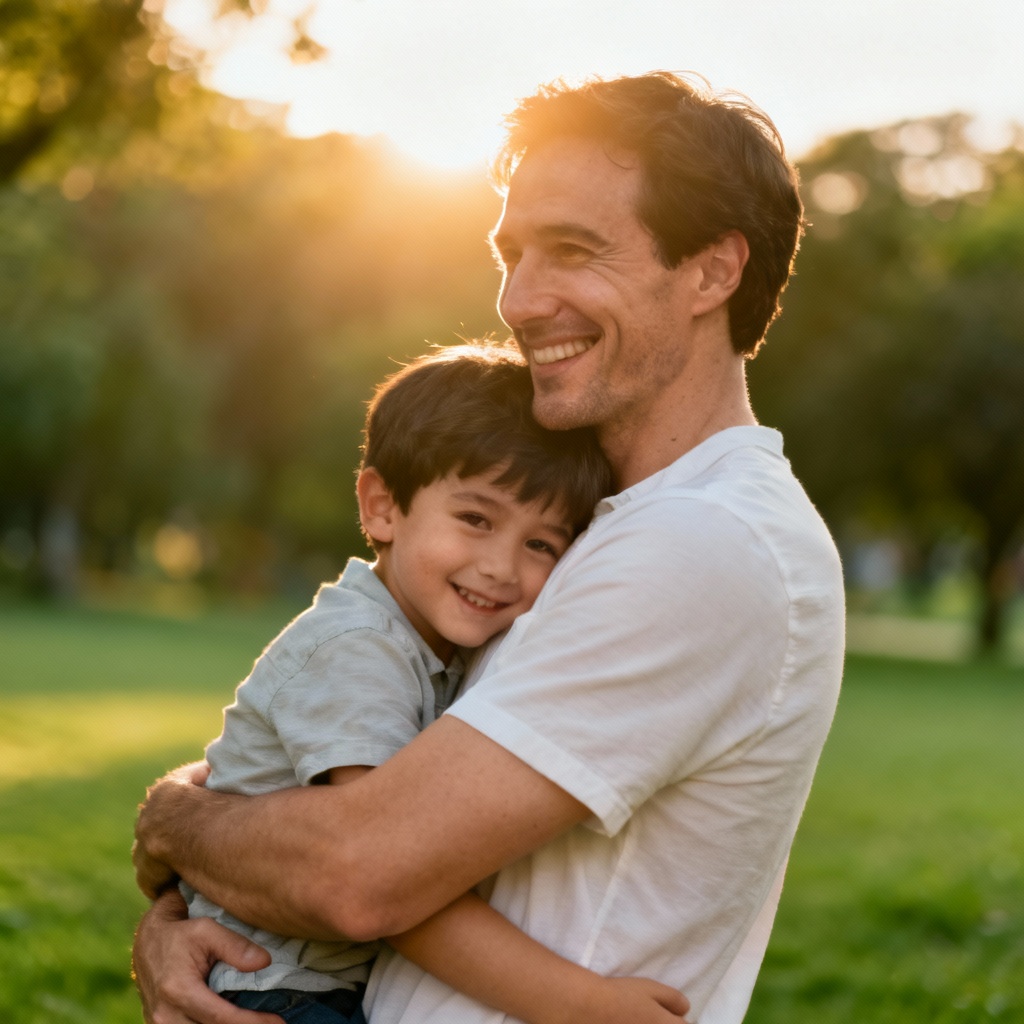 AI father and son portrait in a sunlit park