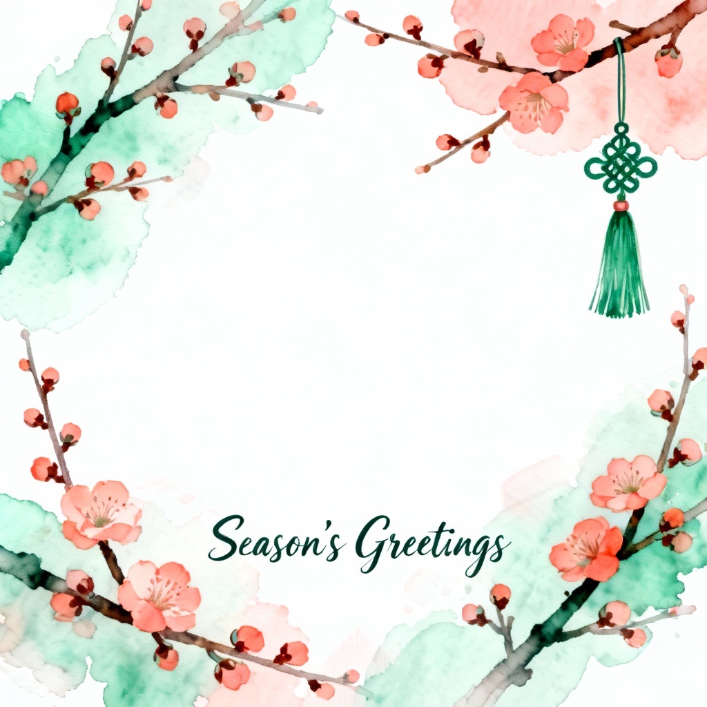 Seollal photo card framed by watercolor plum blossoms