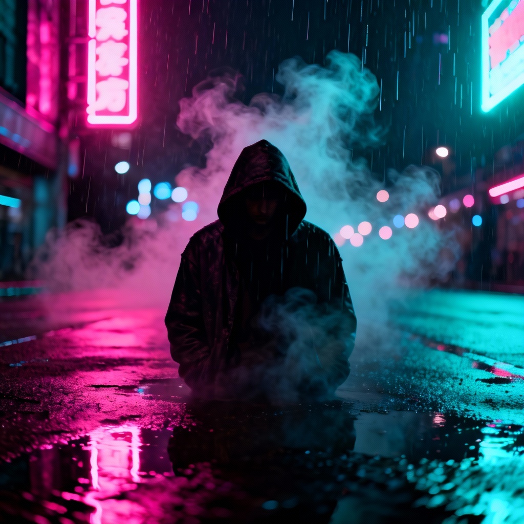 AI cyberpunk rain street with neon reflections