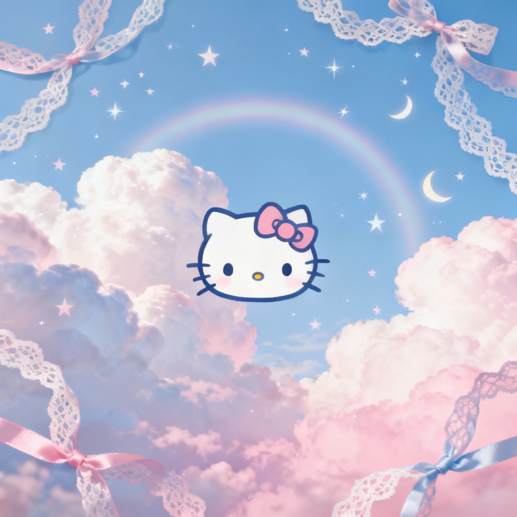 Angel cloud Y2K Hello Kitty wallpaper with halo glow and soft clouds