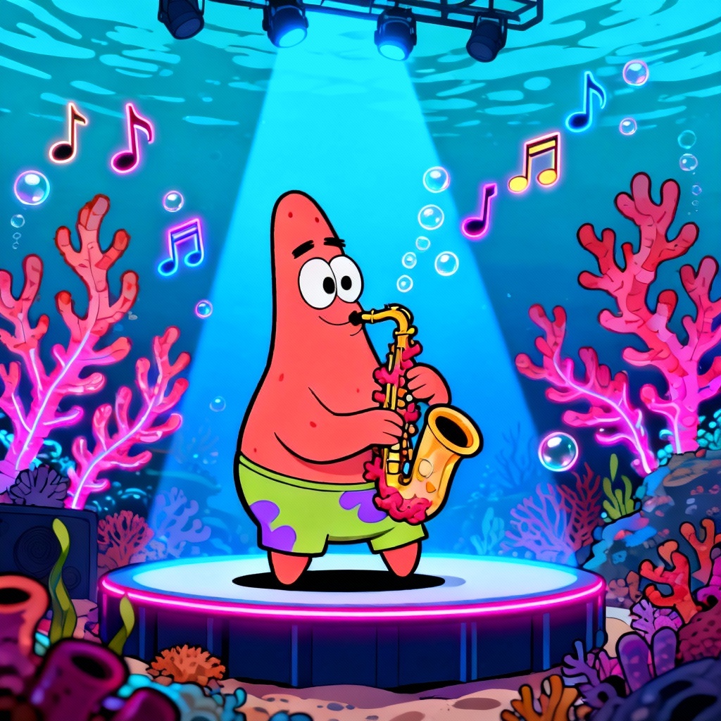 AI Bikini Bottom citizen musician playing coral saxophone