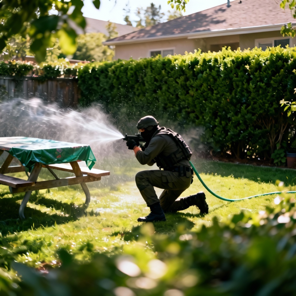 Backyard water gun battle with tactical cover and props