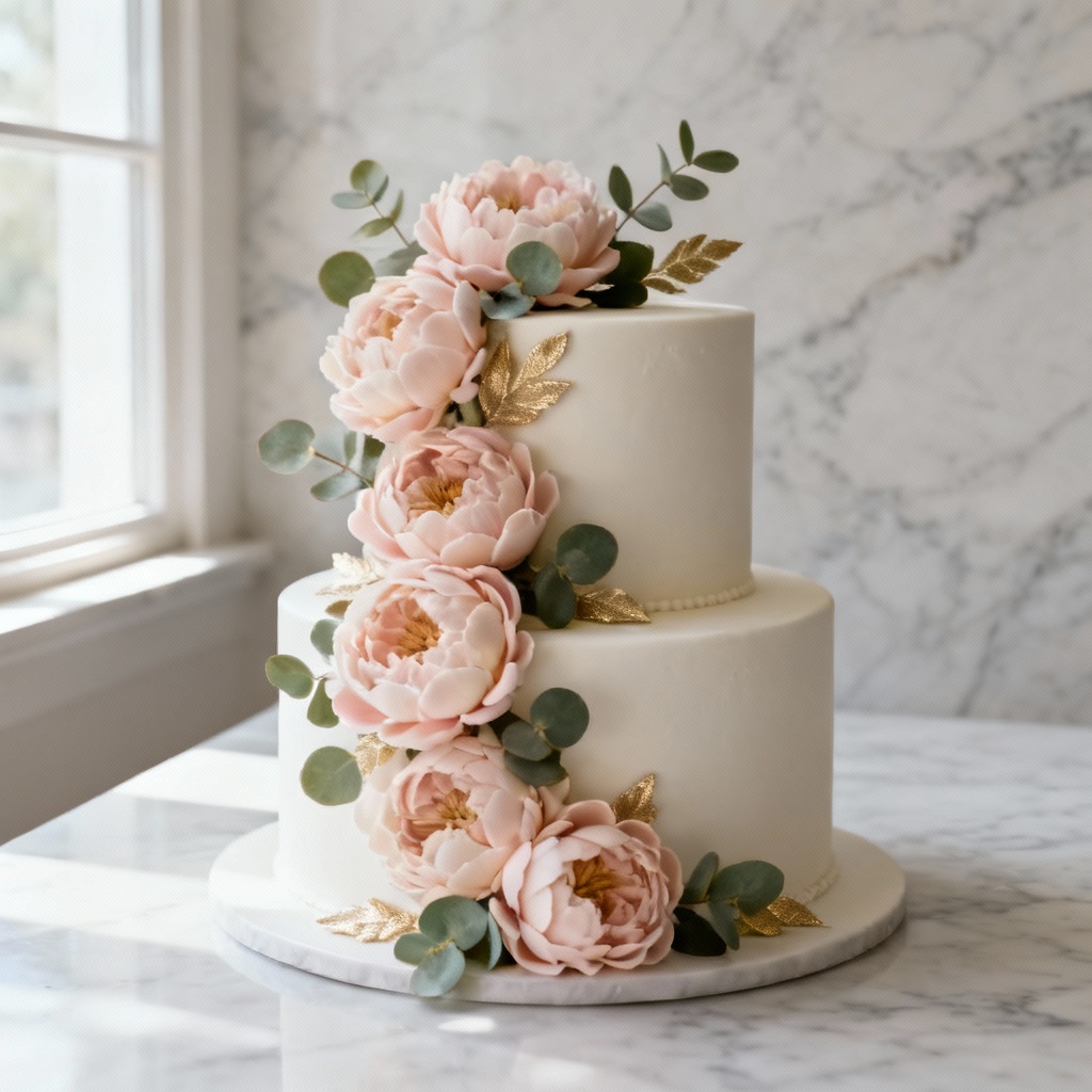 AI wedding cake design with ivory fondant and peony topper