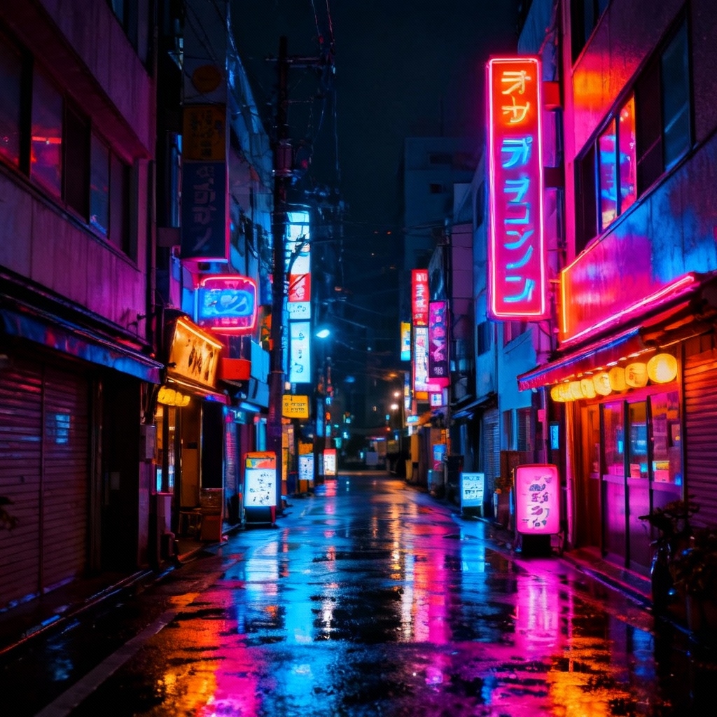 AI image color inverter applied to a neon street scene