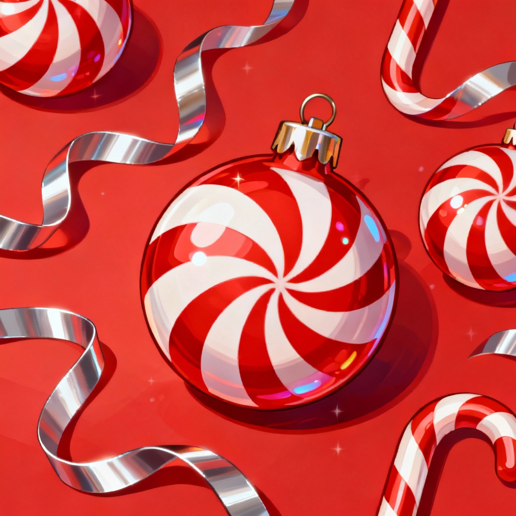 AI whimsical candy cane Christmas wreath with peppermint ornaments