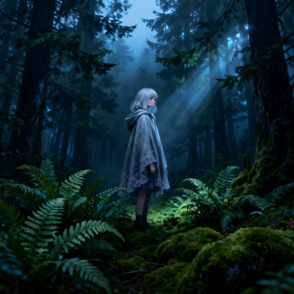 AI ethereal mysterious girl in a misty forest with light rays