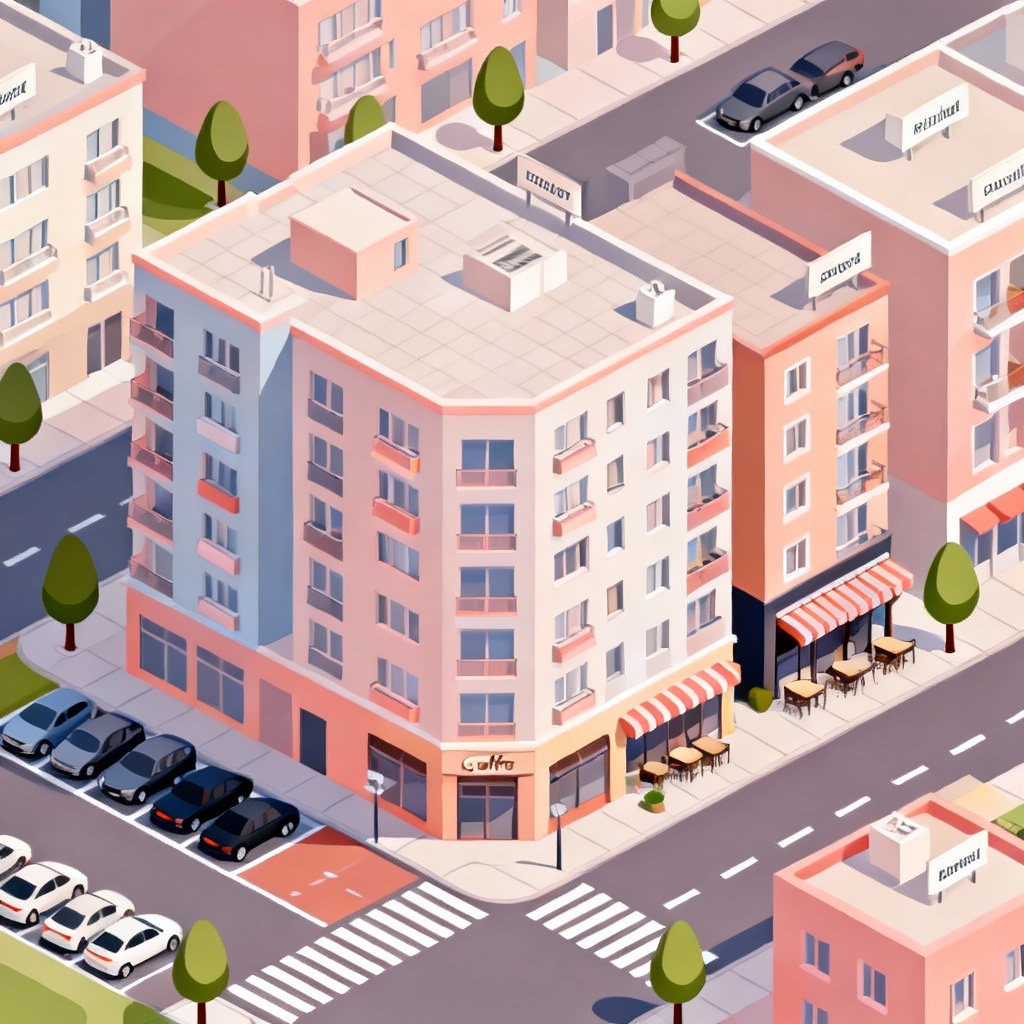 Isometric urban map block with roads, trees, mid-rise buildings