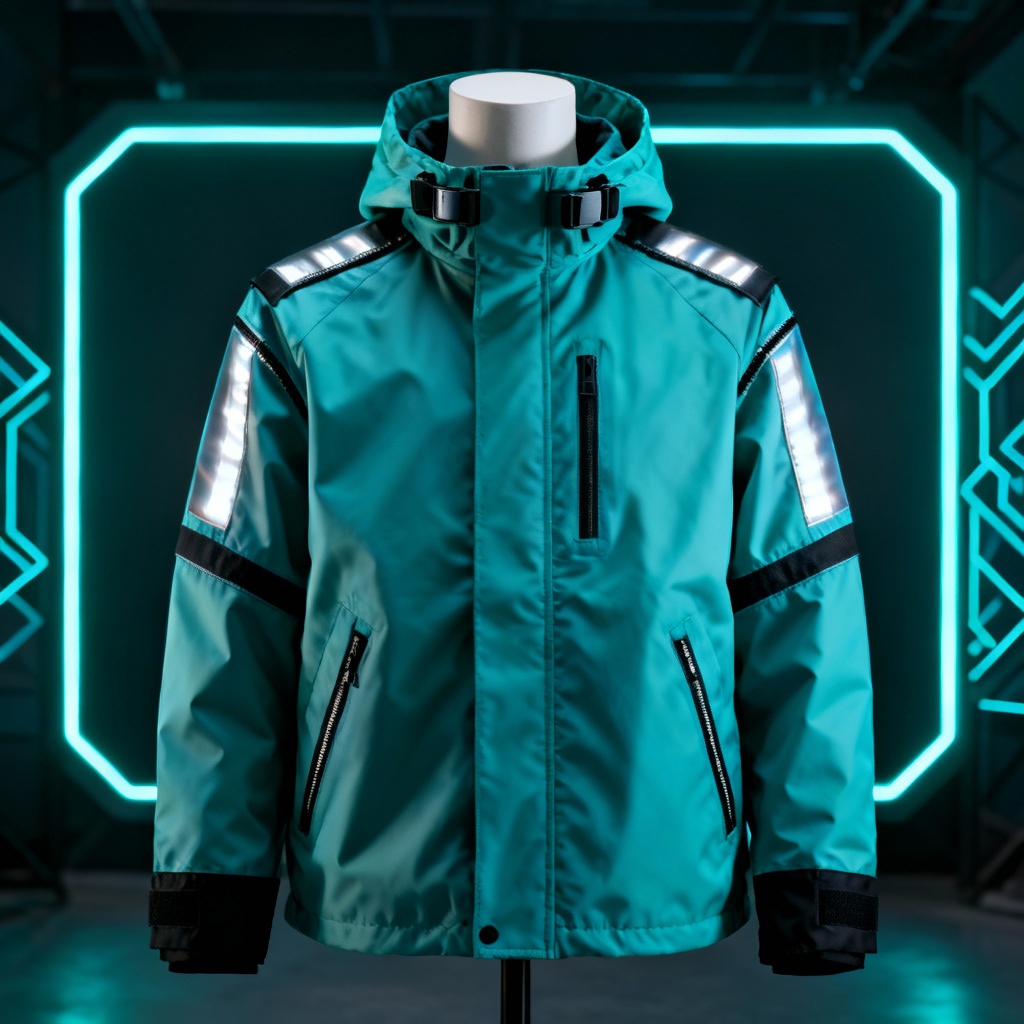 AI aqua techwear jacket with reflective panels