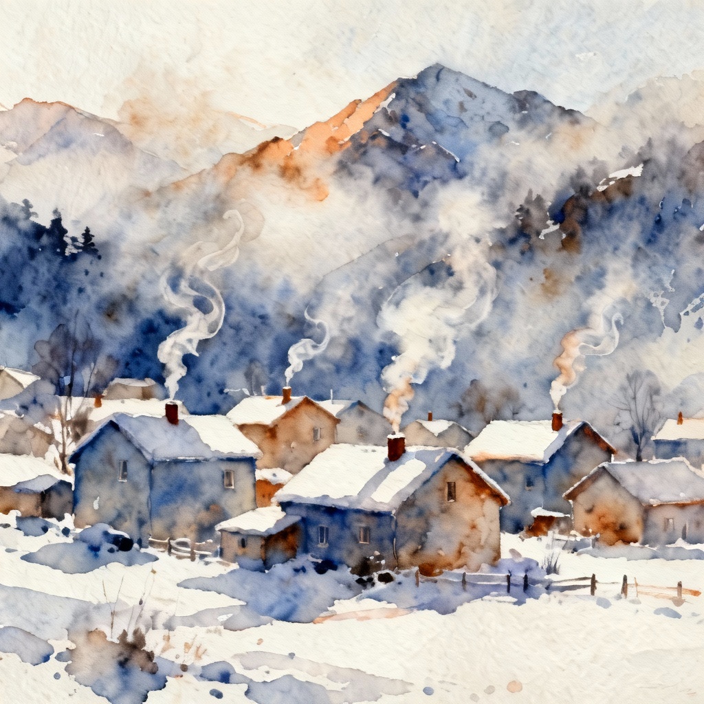 Watercolor AI winter village with mountains and chimneys