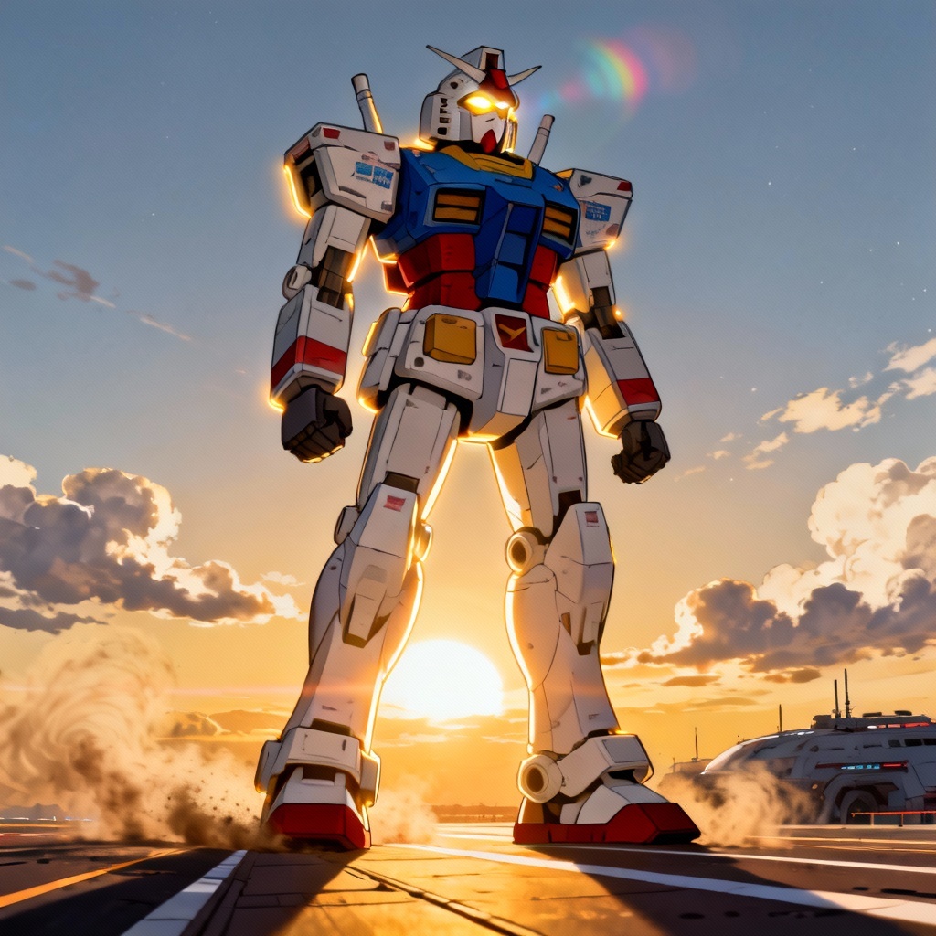 AI Gundam-style hero mecha on a space runway at sunrise