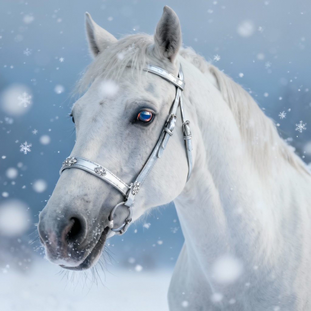 AI close-up white Arabian horse portrait in snow