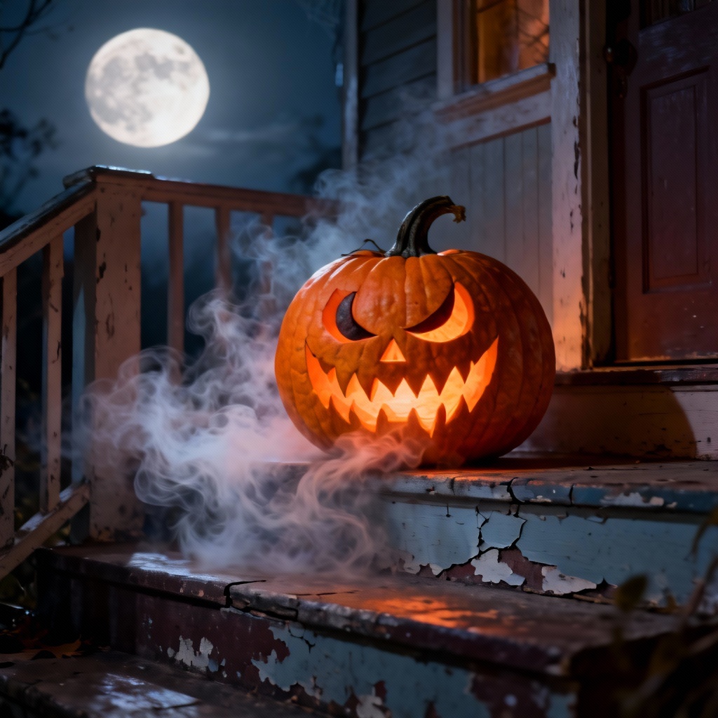 AI haunted jack o lantern on a misty porch