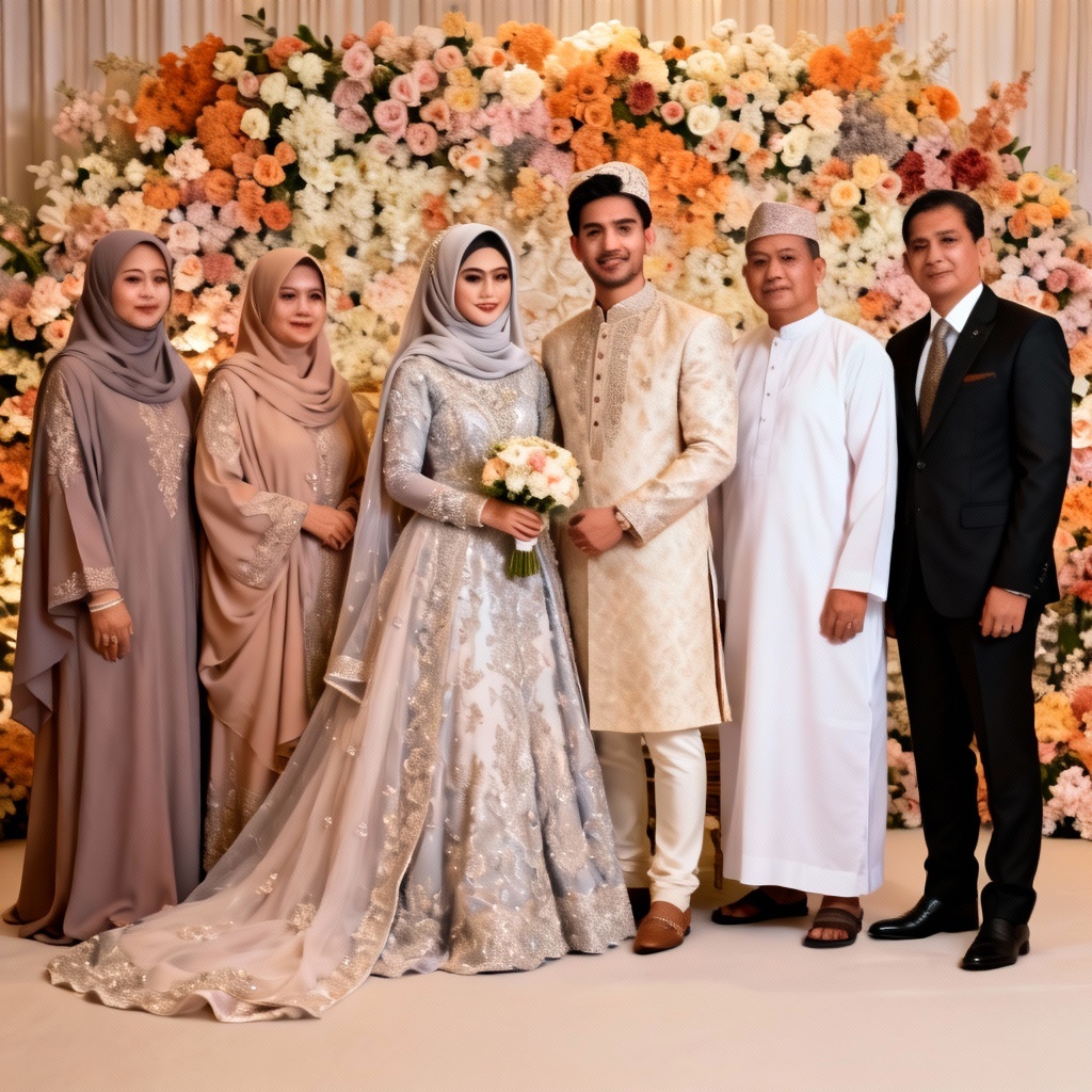 AI Muslim wedding family portrait with modest attire